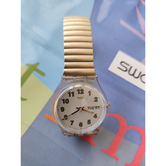 Vintage Swatch Watch MONOCULAR GK717 Daydate Dial with flex steel Band NIB - Picture 3 of 11